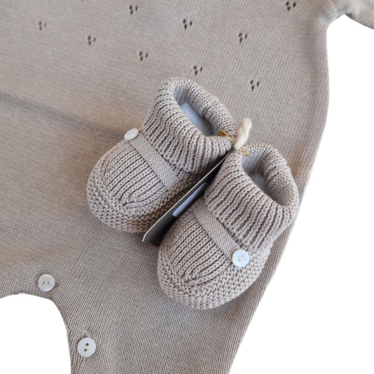 Tutina Manica Lunga Cotone Traforato con Scarpina Culla Tortora