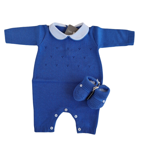 Tutina Manica Lunga Cotone Traforato con Scarpina Culla Blu