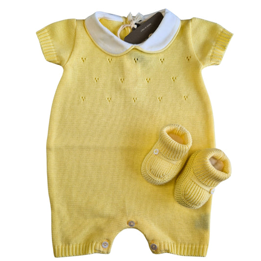 Tutina Manica Corta Cotone Traforato con Scarpina Culla Giallo
