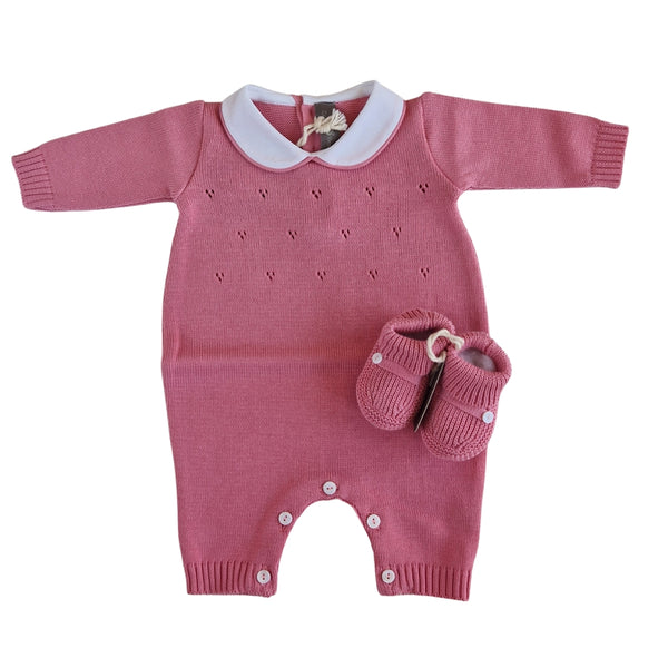 Tutina Manica Lunga Cotone Traforato con Scarpina Culla Pesco