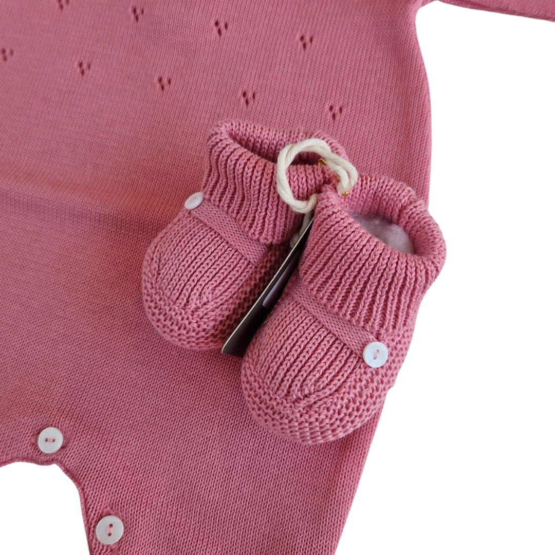 Tutina Manica Lunga Cotone Traforato con Scarpina Culla Pesco