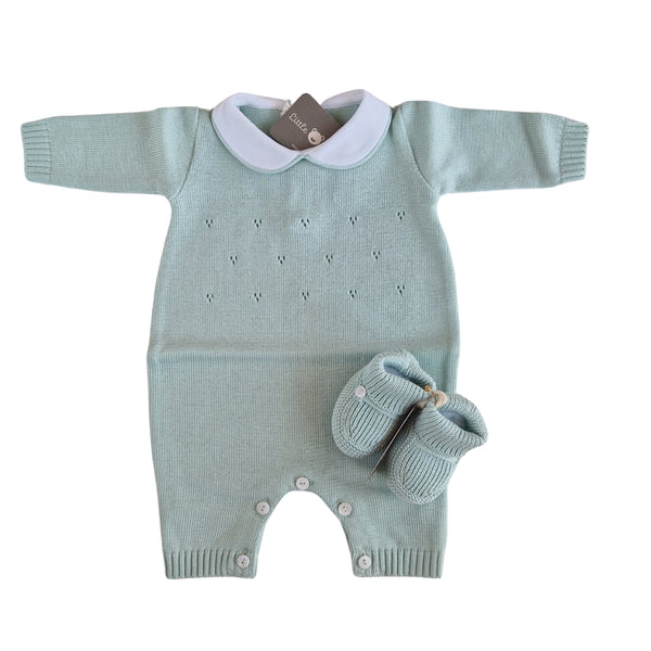 Tutina Manica Lunga Cotone Traforato con Scarpina Culla Salvia