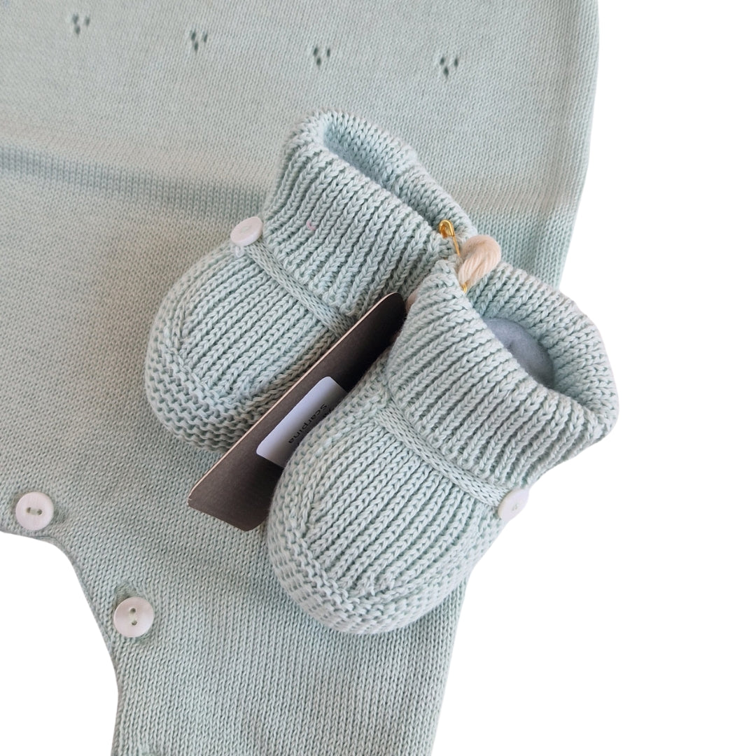 Tutina Manica Lunga Cotone Traforato con Scarpina Culla Salvia