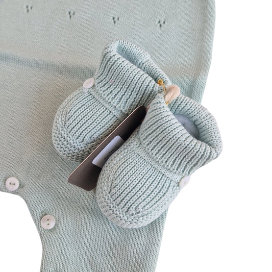 Tutina Manica Lunga Cotone Traforato con Scarpina Culla Salvia