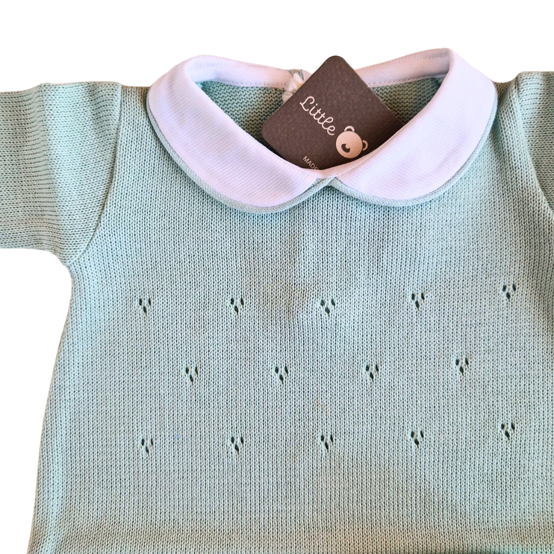 Tutina Manica Lunga Cotone Traforato con Scarpina Culla Salvia