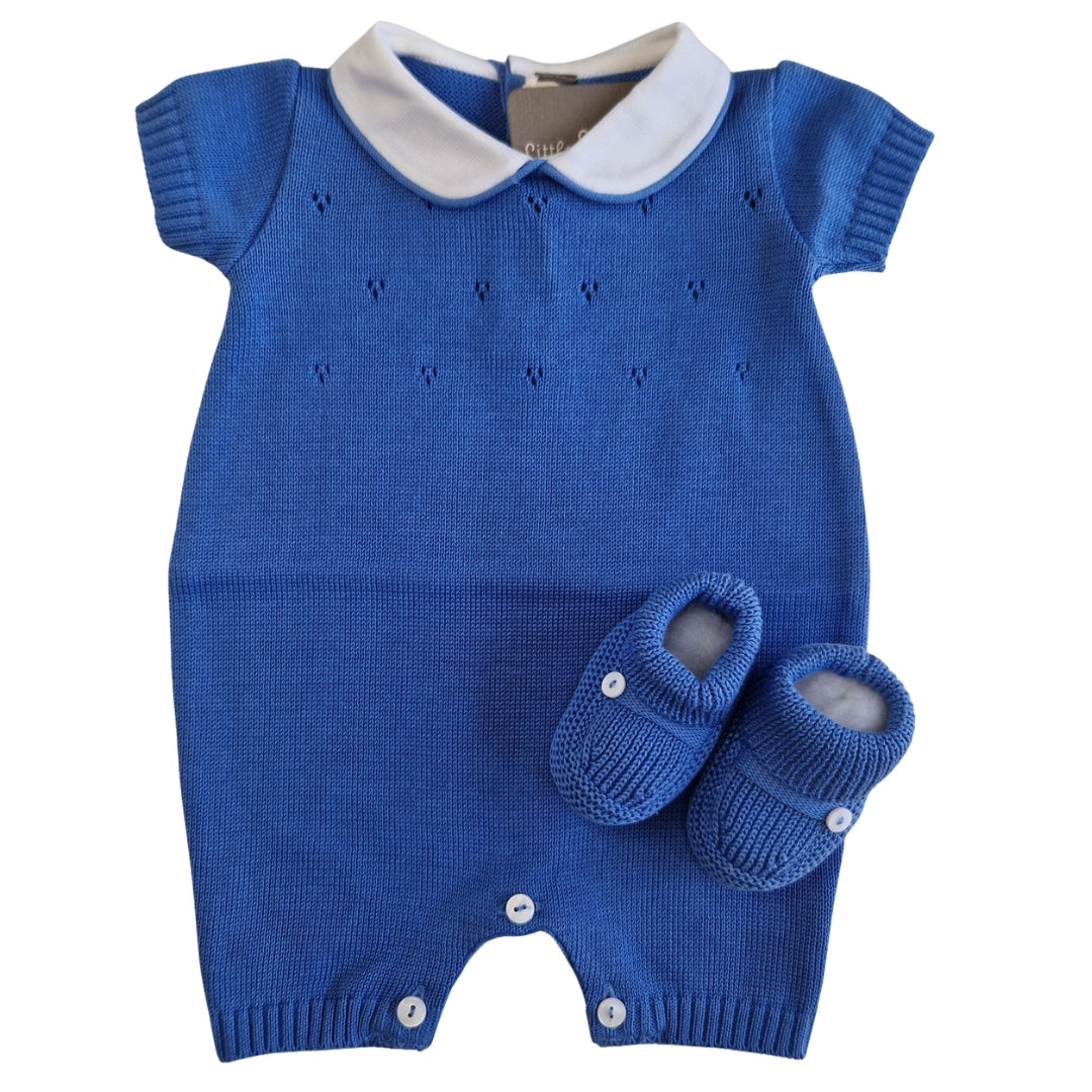 Tutina Manica Corta Cotone Traforato con Scarpina Culla Blu