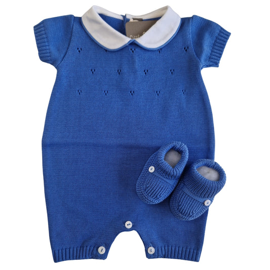 Tutina Manica Corta Cotone Traforato con Scarpina Culla Blu