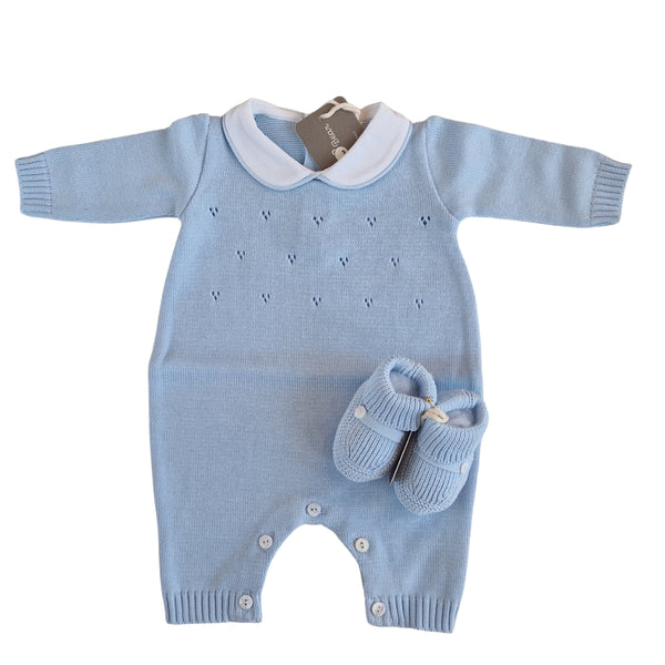 Tutina Manica Lunga Cotone Traforato con Scarpina Culla Azzurro