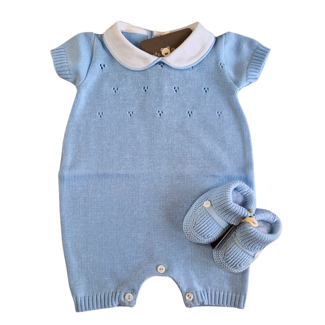 Tutina Manica Corta Cotone Traforato con Scarpina Culla Blu