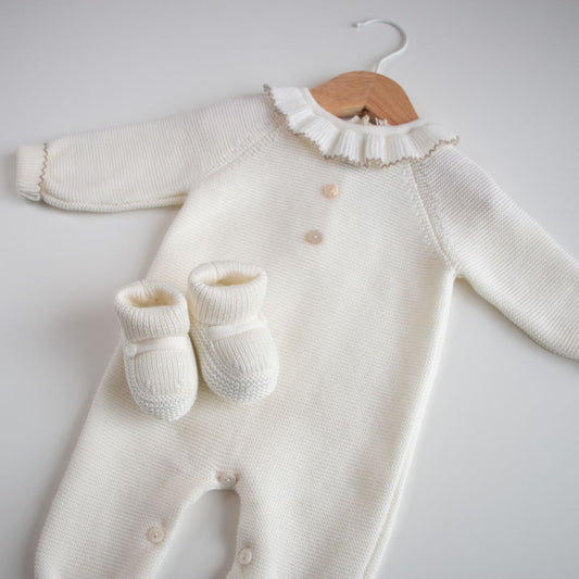 Tutina - Lana con colletto volant - Latte e tortora
