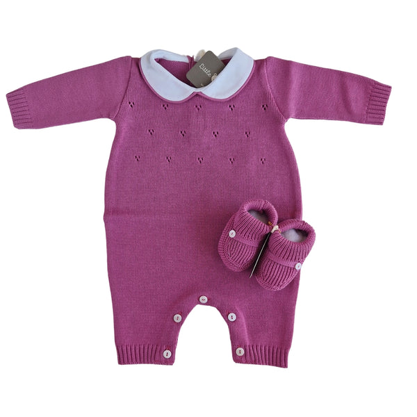 Tutina Manica Lunga Cotone Traforato con Scarpina Culla Malva