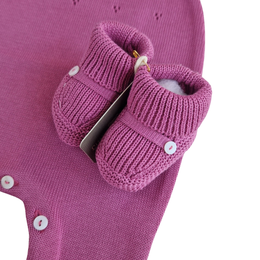 Tutina Manica Lunga Cotone Traforato con Scarpina Culla Malva
