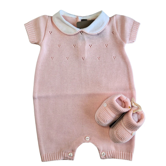 Tutina Manica Corta Cotone Traforato con Scarpina Culla Rosa cipria