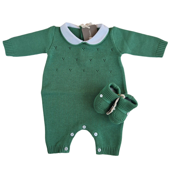 Tutina Manica Lunga Cotone Traforato con Scarpina Culla Verde