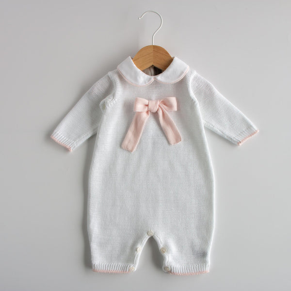 Bow - Tutina in filo di cotone con fiocco Bianco -Cipria