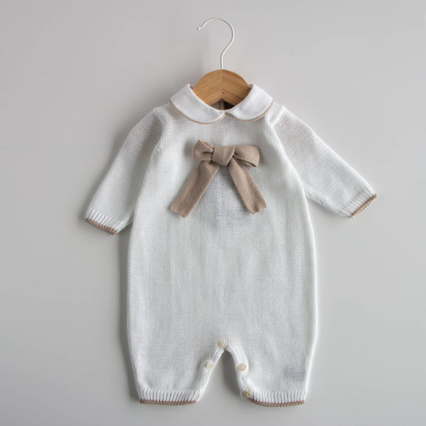 Bow - Tutina in filo di cotone con fiocco Bianco - Tortora