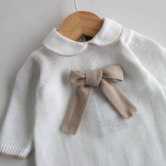 Bow - Tutina in filo di cotone con fiocco Bianco - Tortora