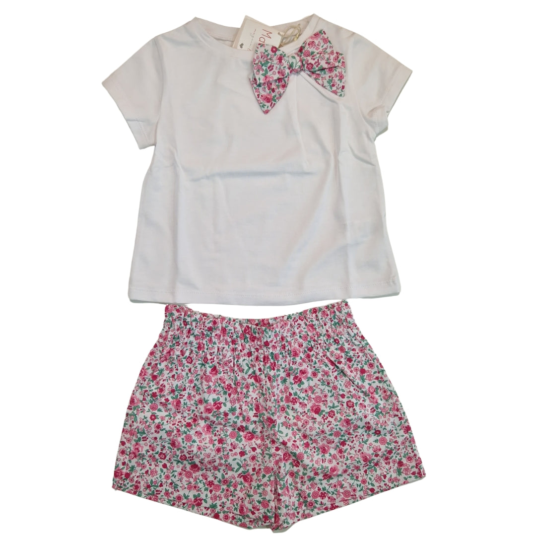 Set Mare Bambina con Shorts Floreali Rosa e T-shirt con Fiocco Coordinato
