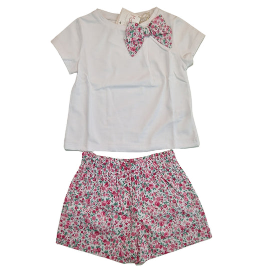 Set Mare Bambina con Shorts Floreali Rosa e T-shirt con Fiocco Coordinato