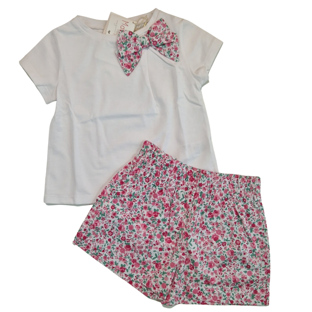 Set Mare Bambina con Shorts Floreali Rosa e T-shirt con Fiocco Coordinato