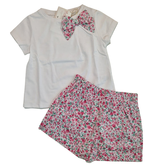 Set Mare Bambina con Shorts Floreali Rosa e T-shirt con Fiocco Coordinato