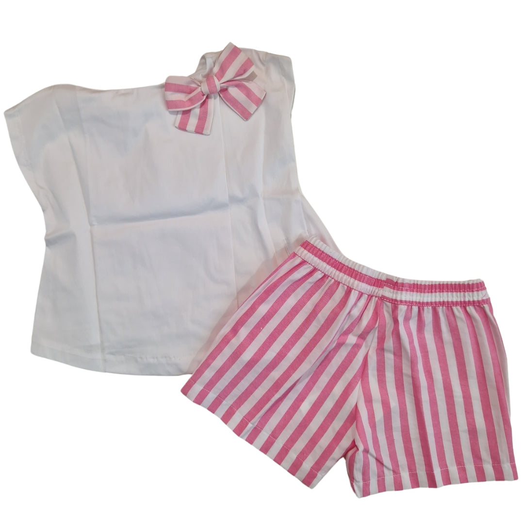 Set mare bambina cotone righe rosa e bianco con fiocco – completo estivo